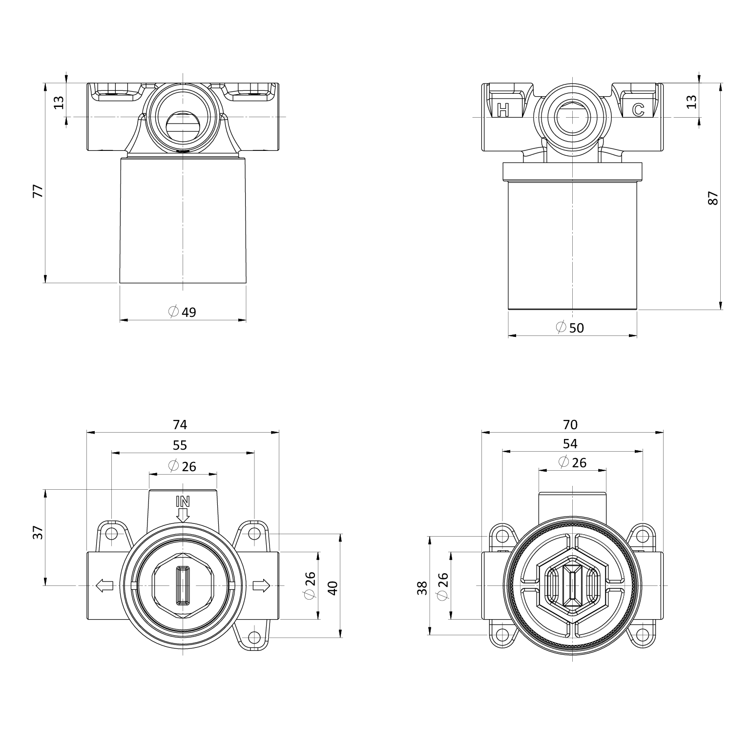 Phoenix SwitchMix Shower / Bath Diverter Mixer Rough-In Kit with Flexible Button - Lead Free line drawing